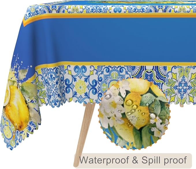 60x120inches Blue and Yellow Rectangle Tablecloth Summer Fruit Lemon Boho - Image 2