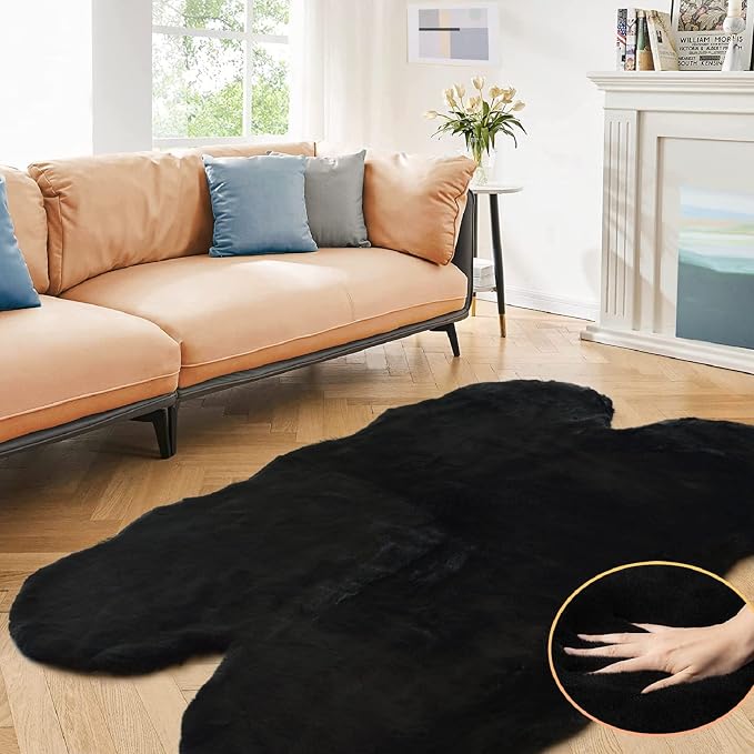 Faux Bunny Fur Rug Plush Area Rugs Machine Washable Black 4x6 Shag Area Rug by ORINOVA