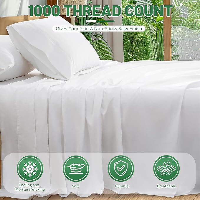 100% Egyptian Cotton Sheets Cal King Sheet Set 4PCS 1000 Thread Count Sateen - Image 2