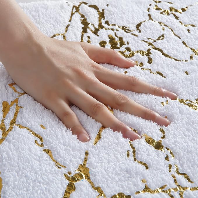 QJHOMO Toilet Rugs U Shaped White and Gold Bathroom Rugs, Extra Thick Carpet - Image 2