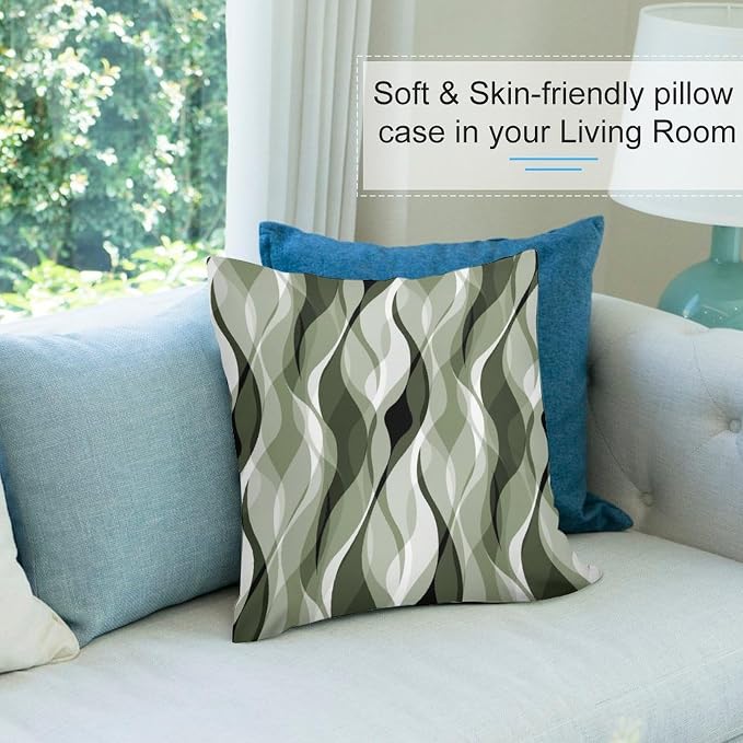 Sage Green Throw Pillow Covers Abstract Ombre Green and Grey Striped Decorations - Image 5