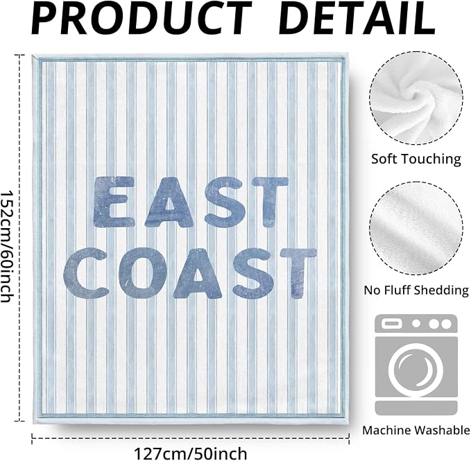 Blue Coastal Beach Blanket, East Coast Preppy Beach Striped Throw Blankets - Image 3
