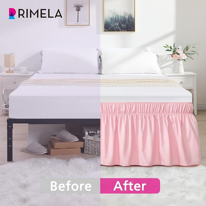 RIMELA Pink Bed Skirt Queen Size 18 Inch Drop, Elastic Bed Skirting - Image 3