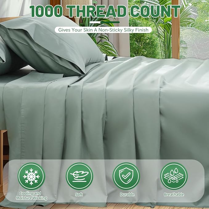 1000 Thread Count Egyptian Cotton Sheets Queen Size Set 4PCS Sateen Weave Soft - Image 2