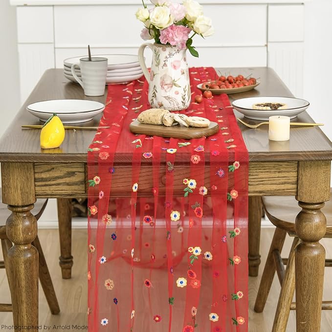 Artoid Mode 3PCS Red Embroidery Daisy Gauze Table Runner 120 Inch 10FT - Image 2