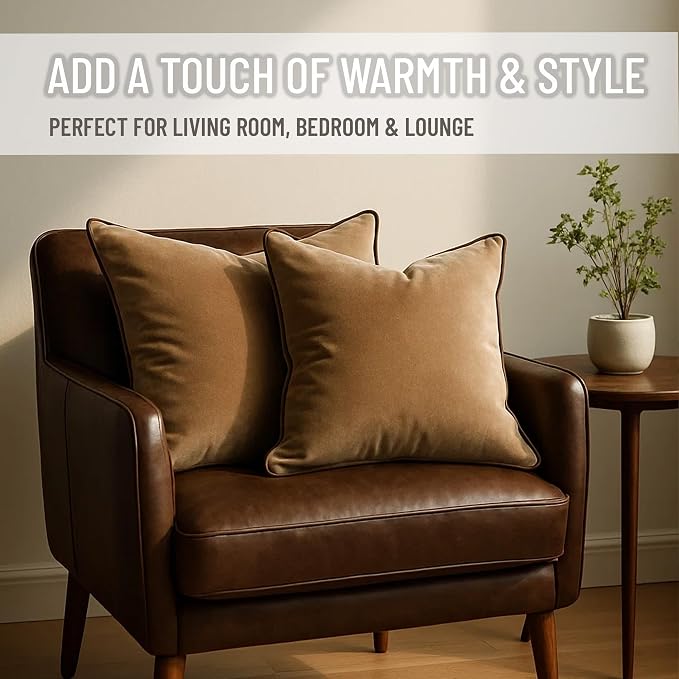 2 Pack Velvet Decorative Throw Pillow Covers, Camel and Brown, Contrast Piping - Image 4