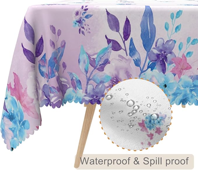70x90inches Floral Rectangle Tablecloth Watercolor Purple Blue Flowers Printed - Image 2