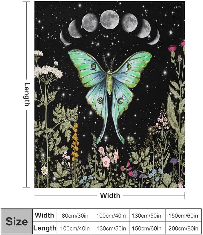 Moth Floral Flannel Blanket, Gothic Witchy Moon Phase Botanical Vintage - Image 2