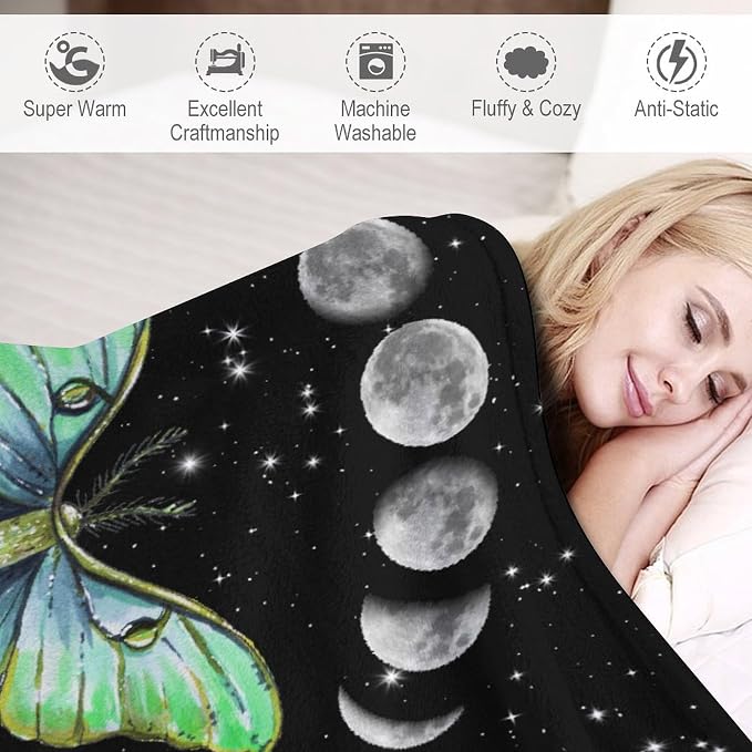 Moth Floral Flannel Blanket, Gothic Witchy Moon Phase Botanical Vintage - Image 4