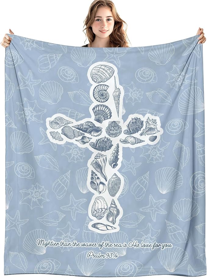 Blue Christian Blanket, Beach Seashell Cross Bible Verse Throw Blankets by Unknown