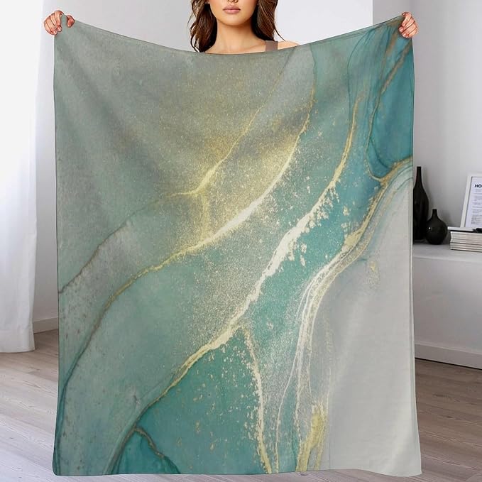 Abstract Marble Blanket, Modern Luxury Baroque Golden Lake Green Stone Veins - Image 5