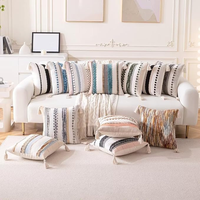 Boho Throw Pillow Covers 18x18 Set of 2 Woven Tufted Farmhouse Pillows Cover - Image 6