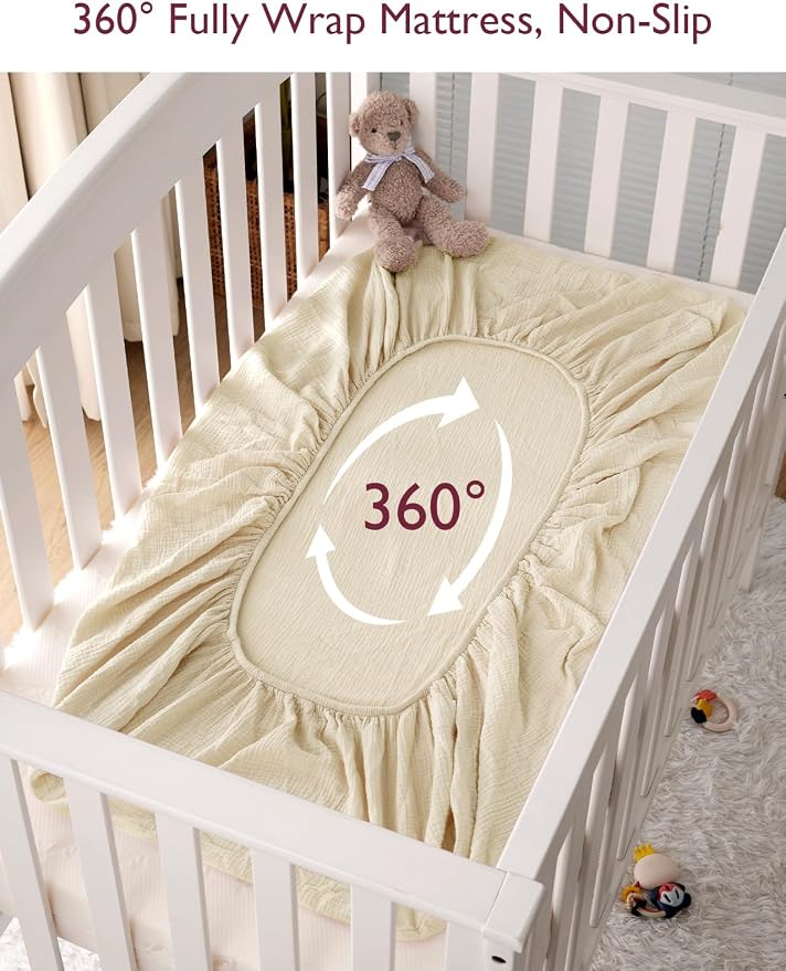 Momcozy Muslin Standard Fitted Crib Sheets, 2 Pack Soft Breathable Natural - Image 6