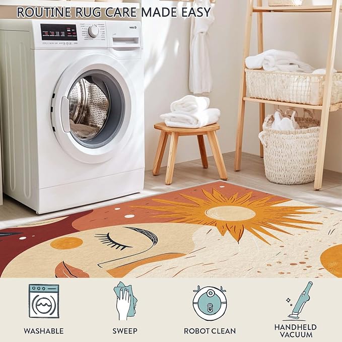6x9 Sun and Moon Area Rug Beige Yellow Rug Non Slip Low Pile Large Carpet - Image 7