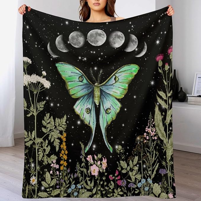 Moth Floral Flannel Blanket, Gothic Witchy Moon Phase Botanical Vintage - Image 8