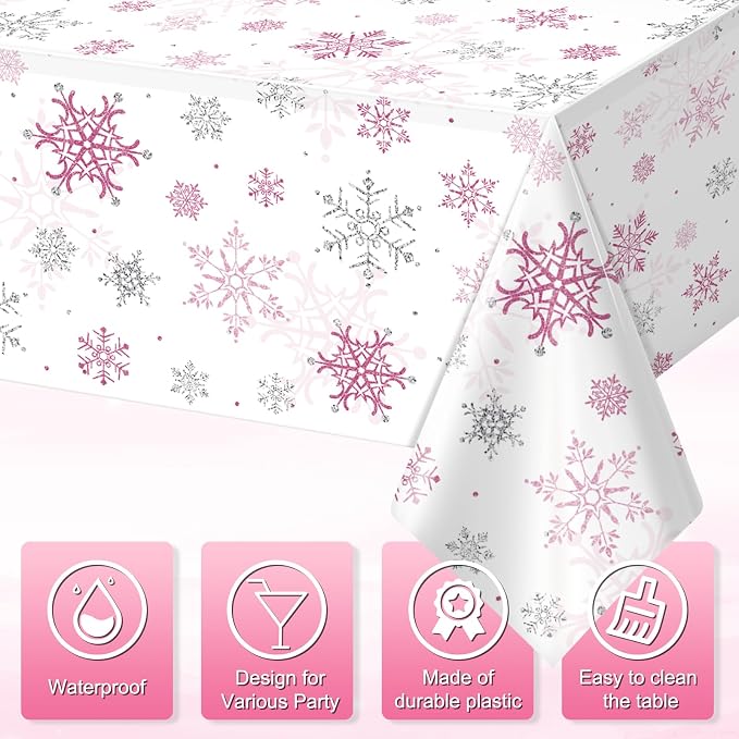 3 Pcs Christmas Snowflake Party Tablecloths Decorations, Plastic Pink Winter - Image 3