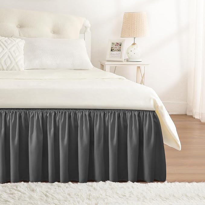 RIMELA King Grey Bed Skirt Wrap Around Elastic Dust Ruffles Solid Color Wrinkle by RIMELABedSkirt