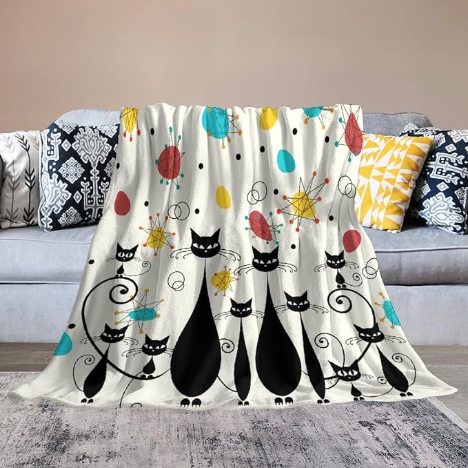 Mid Century Modern Throw Blanket, Atomic Black Cat Starbursts Iconic Sputnik - Image 6