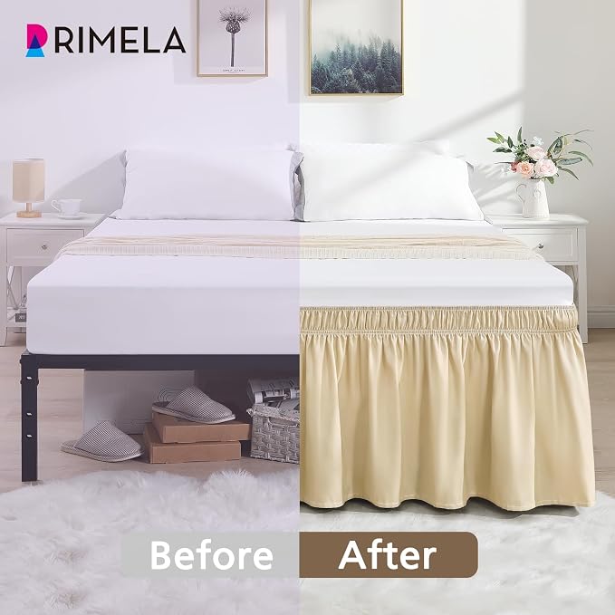 RIMELA Beige White Bed Skirt Queen Size 18 Inch Drop, Elastic Bed Skirting - Image 5