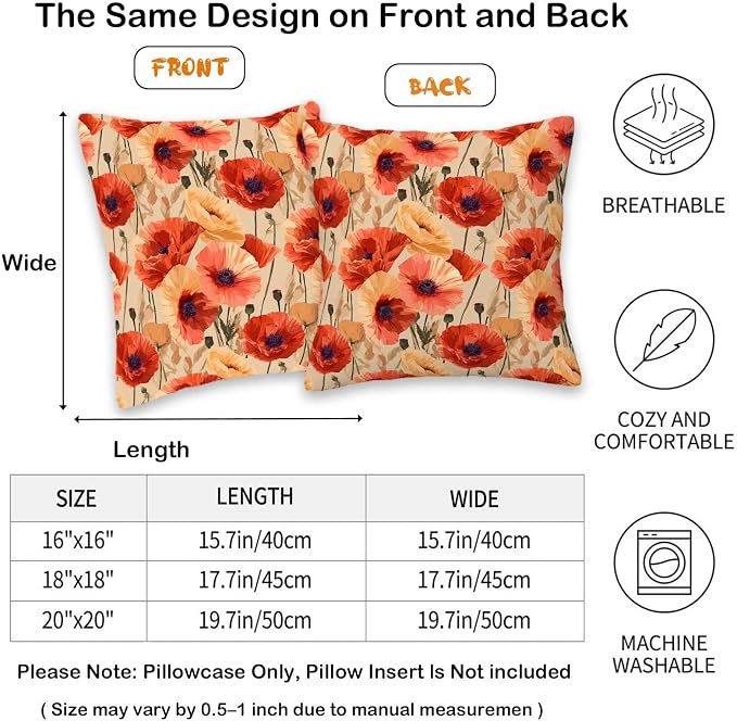 Floral Throw Pillow Covers Set of 2 | Poppy Flower Print Decorative Cushion - Image 2