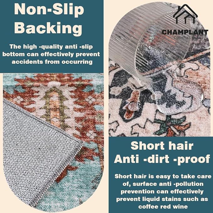 Washable Area Rug 9'x12' Retro Boho Design Non-Shedding Easy Care Ideal - Image 5