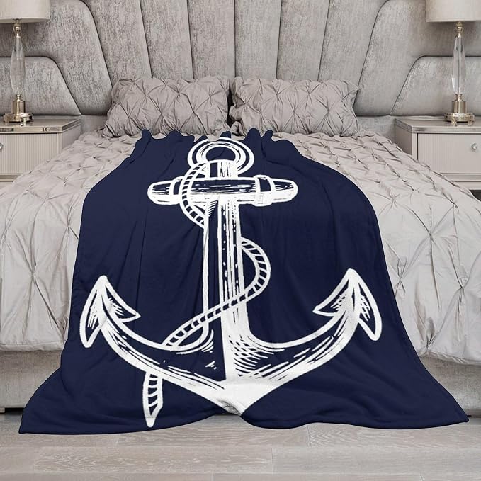 Anchor Blanket Retro Abstract Nautical Navy Blue White Soft Cozy Lightweight - Image 5