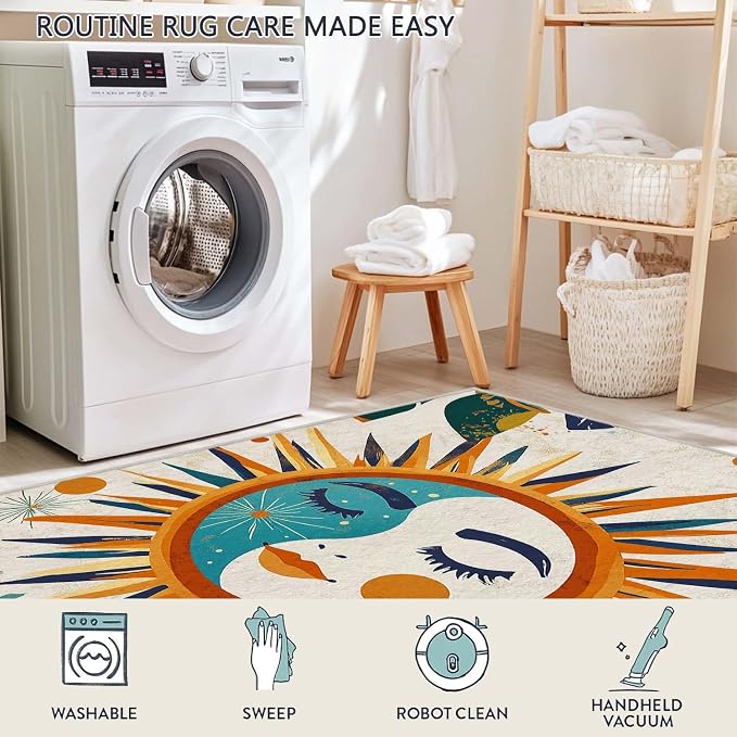 5x7 Sun and Moon Area Rug Leaf Orange Yellow Blue Beige Rug Non Slip Low Pile - Image 7