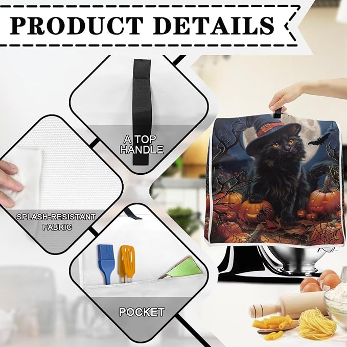 Black Cat Stand Mixer Cover 6-8 Quart Pumpkin Bat Kitchen Appliance Covers Dust - Image 3