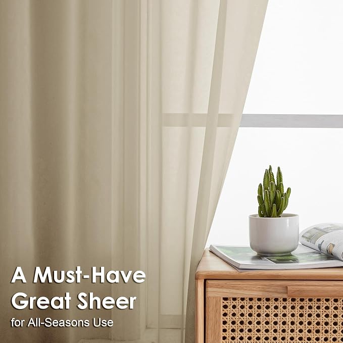 OVZME Taupe Sheer Curtains 90 Inches Long 2 Panels - Image 2