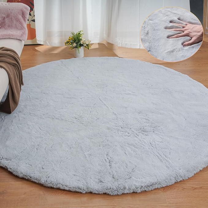 Grey Washable Fluffy Round Rugs 6ft Faux Bunny Fur Rugs - Image 4