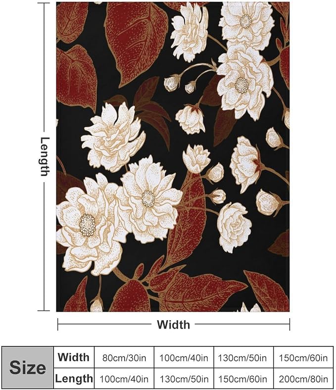 Red Gold Floral Blanket, Boho Dark Flower Leaves Chinese Plum Blossoms - Image 2
