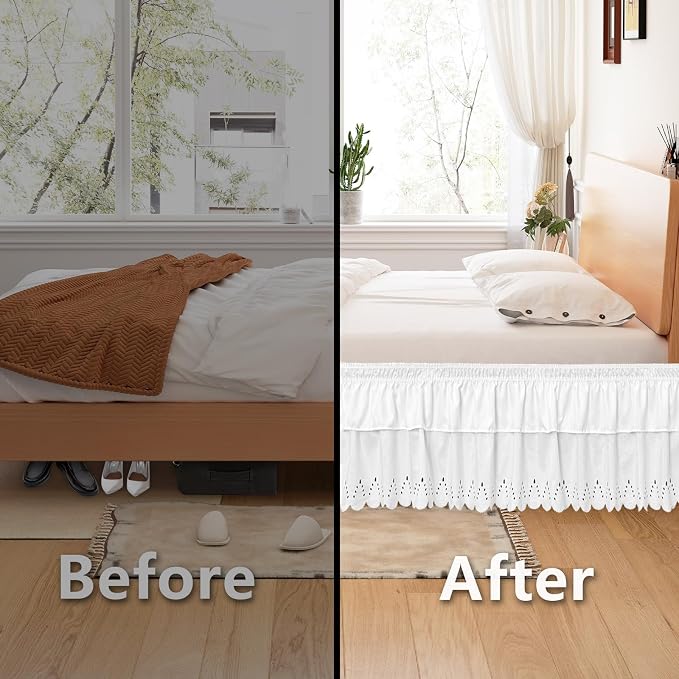 Full Bed Skirt, Double-Layered Ruffled Eyelet Bed Skirt, Wrap-Around Elastic - Image 4