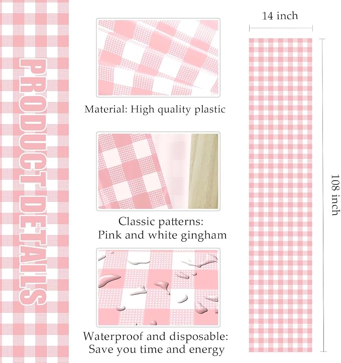 3 Pcs Light Pink and White Checkered Table Runner Plastic 14 x 108 Disposable - Image 2