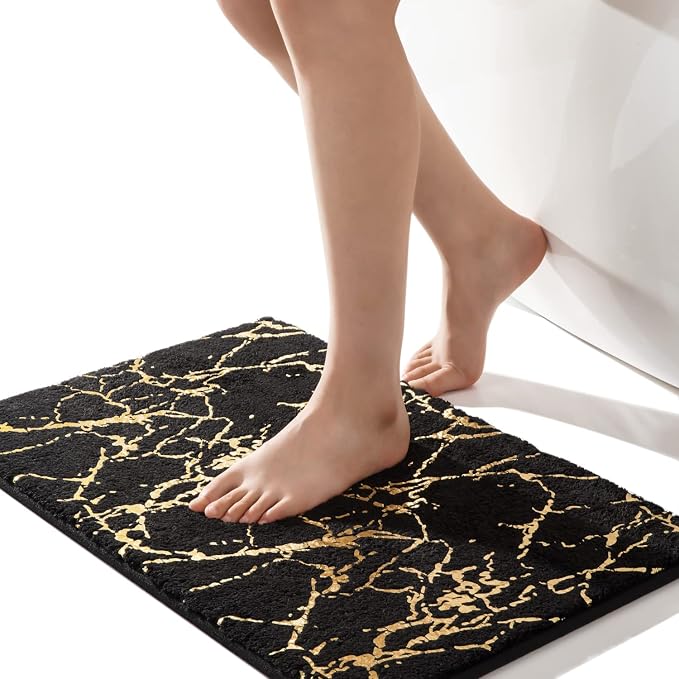 QJHOMO Marble Bathroom Rug Black and Gold Decor Bathroom Rugs Non Slip Bath Mat by QJHOMO