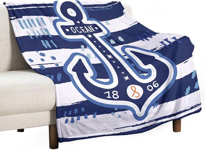 Nautical Anchor Blanket Modern Cartoon Anchor Ocean Adventure Blue White Soft by JADERYS