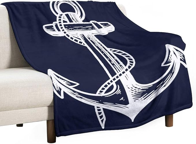 Anchor Blanket Retro Abstract Nautical Navy Blue White Soft Cozy Lightweight by JADERYS