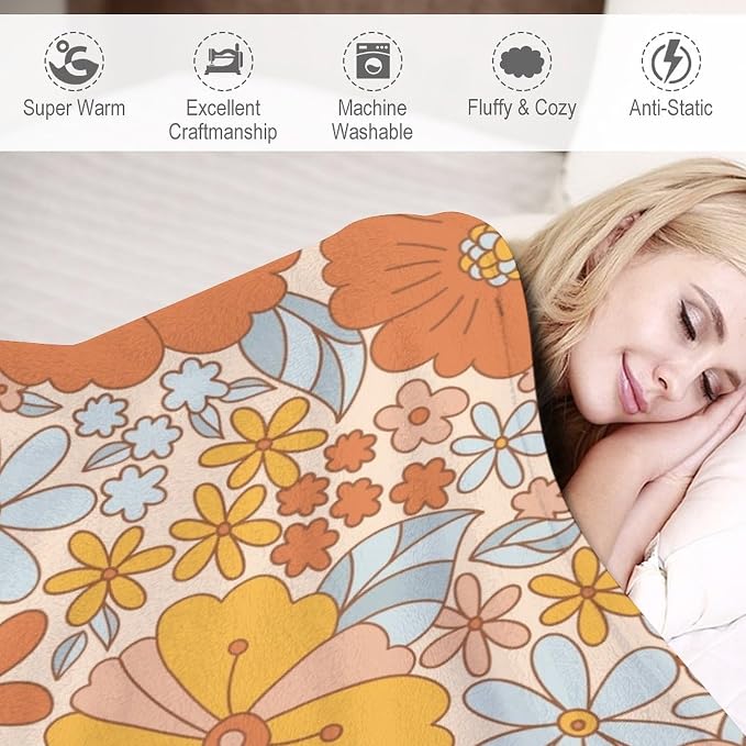 Retro 70s Floral Blanket, Hippie Summer Groovy Flower Power Flower Boho Print - Image 4