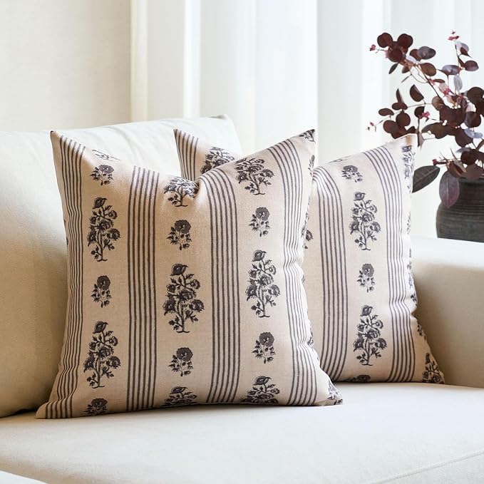 Amor Virisso Floral Throw Pillow Covers 18x18 Set of 2 Block Print Pillow by AffordableFloralPrintMaker
