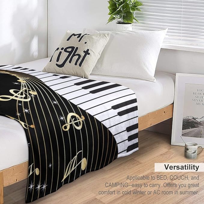 Music Note Blanket Black White Piano Keys Gold Music Note Soft Cozy Lightweight - Image 3