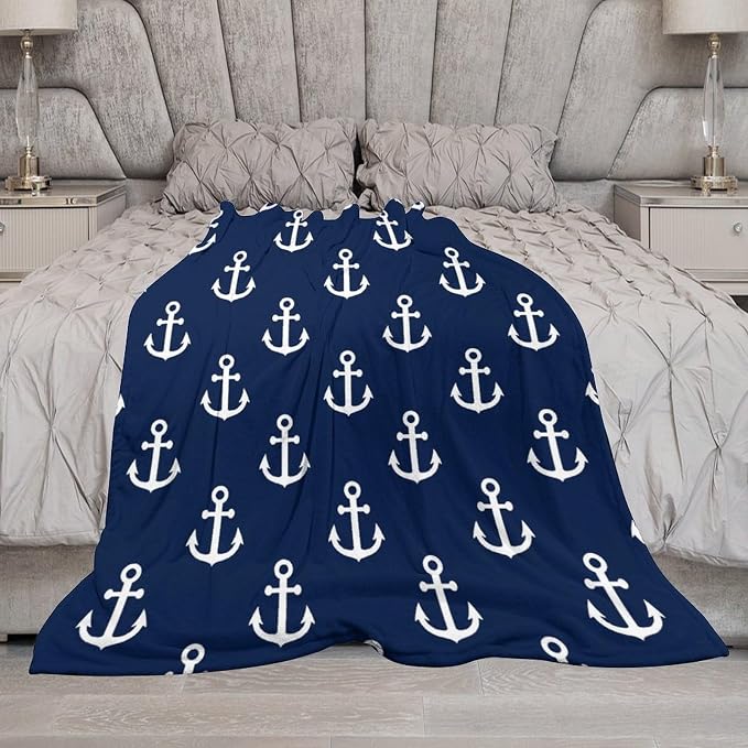 Anchor Blanket Vintage Rustic Ocean Nautical Style Navy Blue White Soft Cozy - Image 5