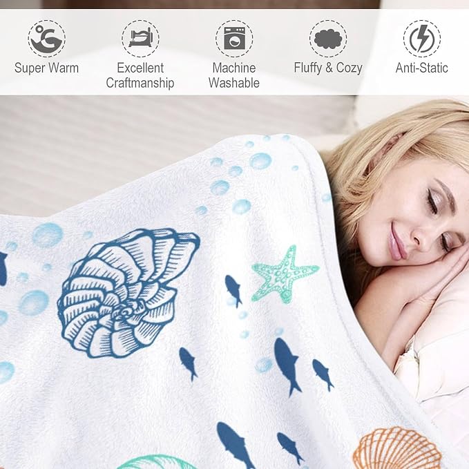 Nautical Coastal Blanket, Starfish Seashell Coral Beach Themed Drapes Ocean - Image 4