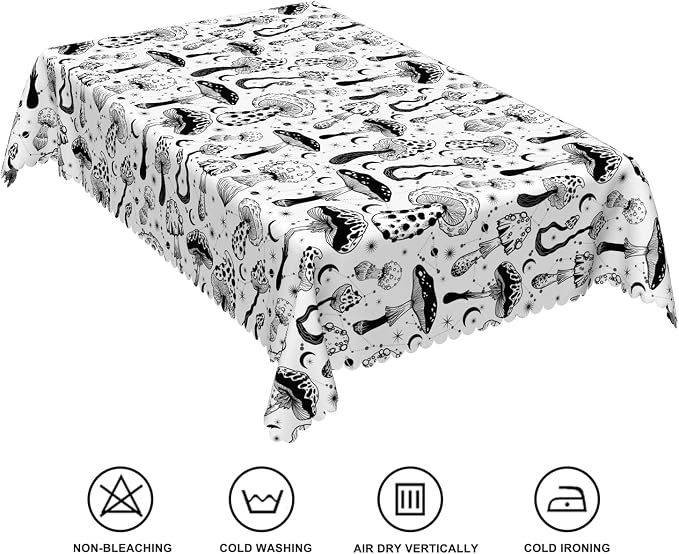 54x78inches Mushroom Tablecloth Retro 70s 60s Hippie Black and White Mushroom - Image 6