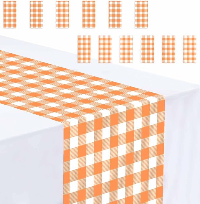 12 Pcs Orange and White Checkered Table Runner Plastic 14 x 108 Disposable by MUNILAIL