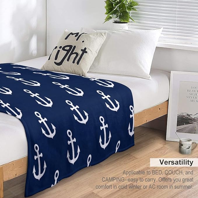Anchor Blanket Vintage Rustic Ocean Nautical Style Navy Blue White Soft Cozy - Image 3