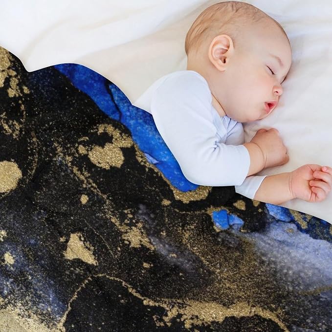 Modern Marble Blanket, Abstract Luxury Baroque Golden Dark Blue Stone Veins - Image 8