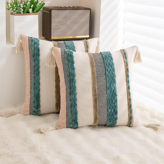 Boho Throw Pillow Covers 18x18 Set of 2 Woven Tufted Farmhouse Pillows Cover - Image 4