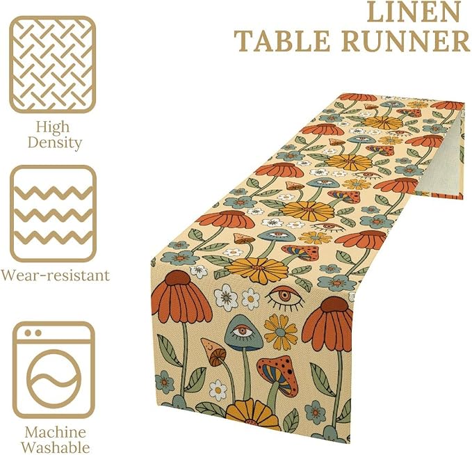 70's Boho Mushroom Table Runner, Retro Kitchen Groovy Hippie Funky Table - Image 3