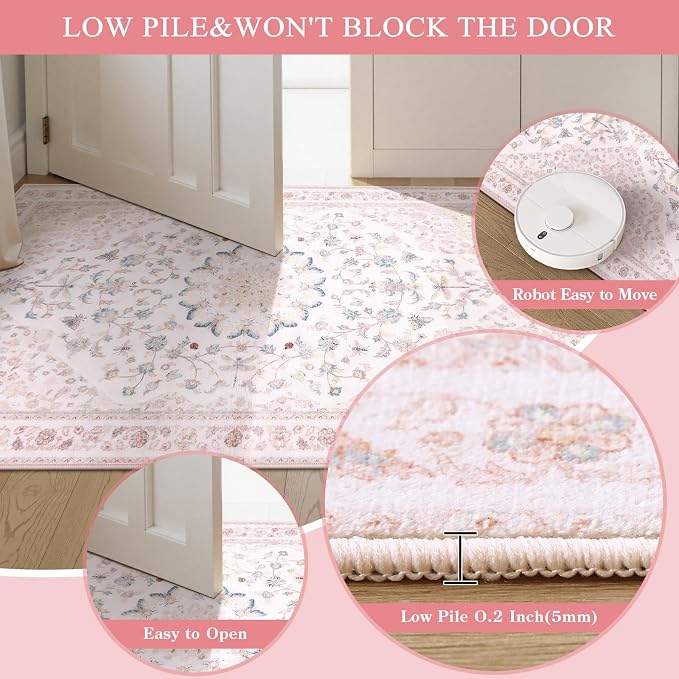 Moynesa Washable 2x6 Pink Hallway Runner Rug, Cute Girl Floral Print Runner - Image 5