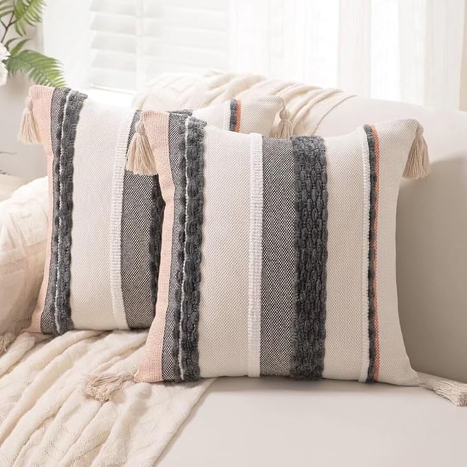 Boho Throw Pillow Covers 18x18 Set of 2 Woven Tufted Farmhouse Pillows Cover by Unknown