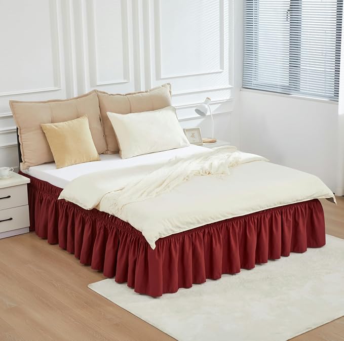 RIMELA Wine Red Bed Skirt Queen Size 15 Inch Drop, Elastic Bed Skirting by RIMELABedSkirt